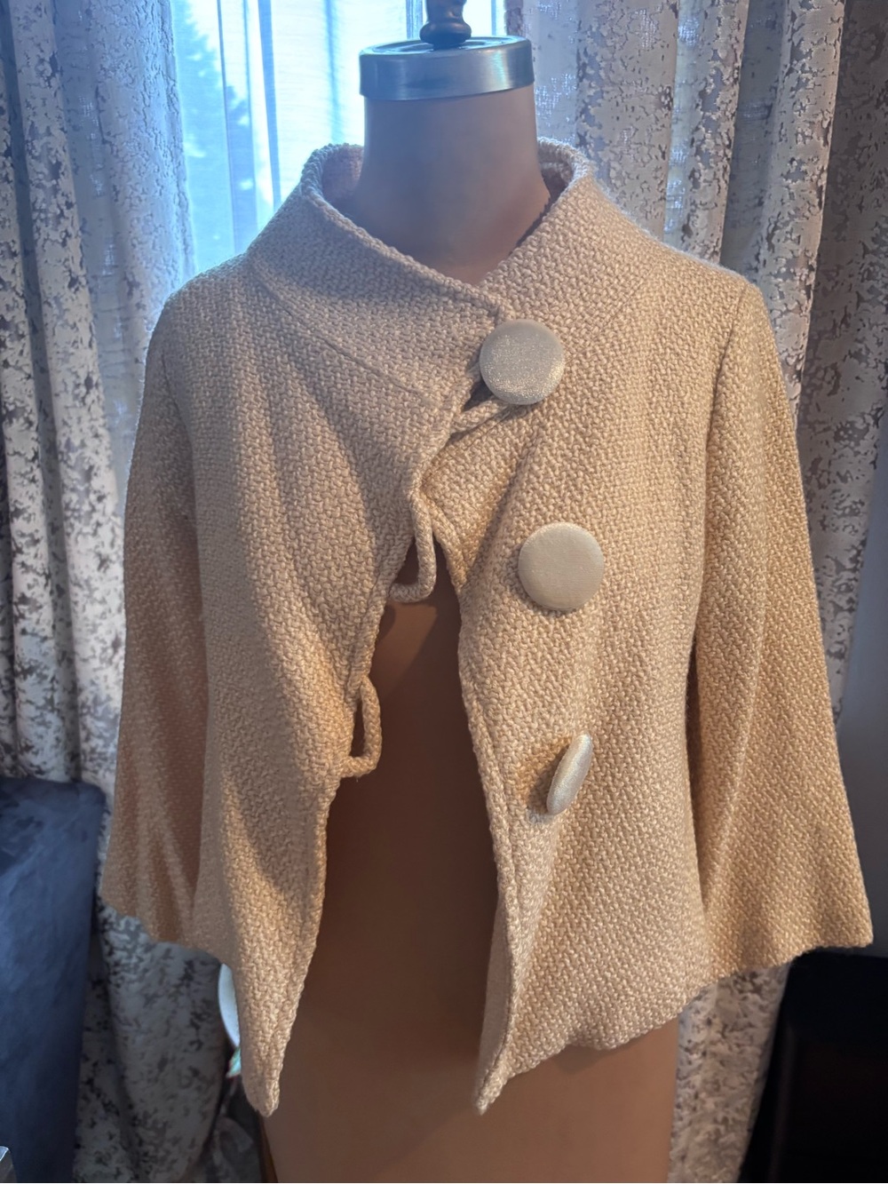 Aryn K. Cream Cropped Chunky Knit Swing Jacket with Oversized Buttons